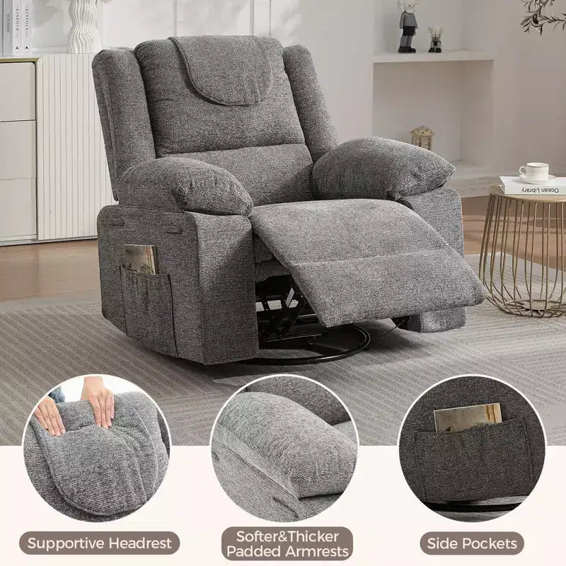 360 Swivel Rock Recliner Chairs Single Sofa,Oversized Recliner Chair for Adults with Vibration Massage and Lumbar Heating Sofa for Living Room