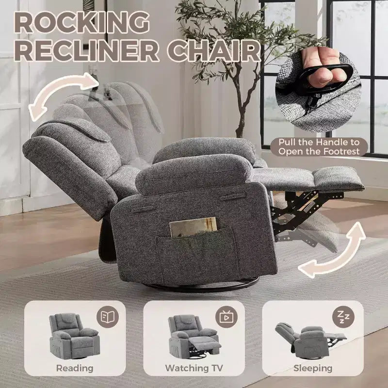 360 Swivel Rock Recliner Chairs Single Sofa,Oversized Recliner Chair for Adults with Vibration Massage and Lumbar Heating Sofa for Living Room