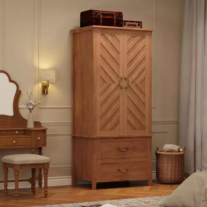 71H Tall Farmhouse Wooden Armoire Closet w/ 2 Doors & Hanging Rod, Freestanding V Shape Wardrobe Storage Cabinet for Clothes, Bedroom, Rustic Brown