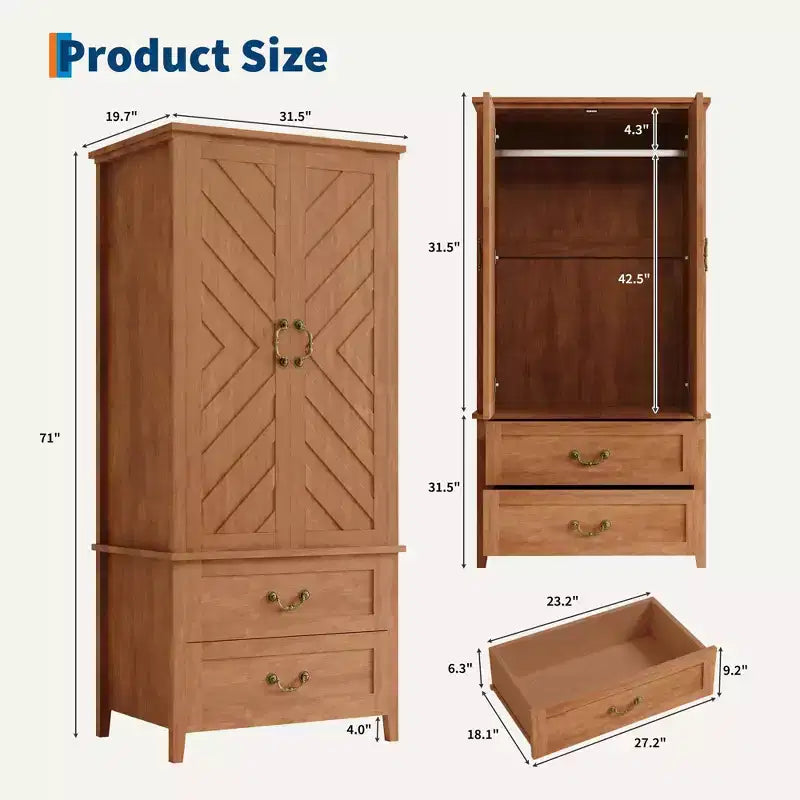 Armadio in legno stile rustico da 71 pollici con 2 ante e asta appendiabiti, guardaroba a forma di V autoportante per vestiti, camera da letto, marrone rustico
