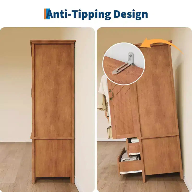 Armadio in legno stile rustico da 71 pollici con 2 ante e asta appendiabiti, guardaroba a forma di V autoportante per vestiti, camera da letto, marrone rustico