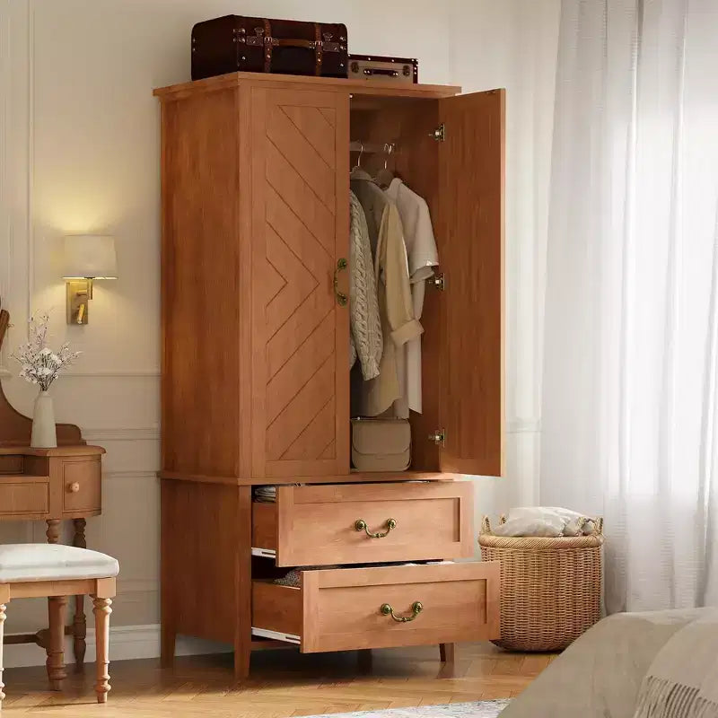 Armadio in legno stile rustico da 71 pollici con 2 ante e asta appendiabiti, guardaroba a forma di V autoportante per vestiti, camera da letto, marrone rustico