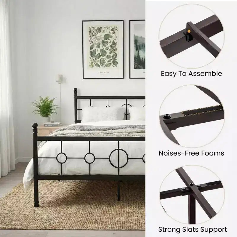 Metal Bed Frame with Headboard, Metal Platform Bed Base, No Box Spring Needed, No Noise, Easy Assembly