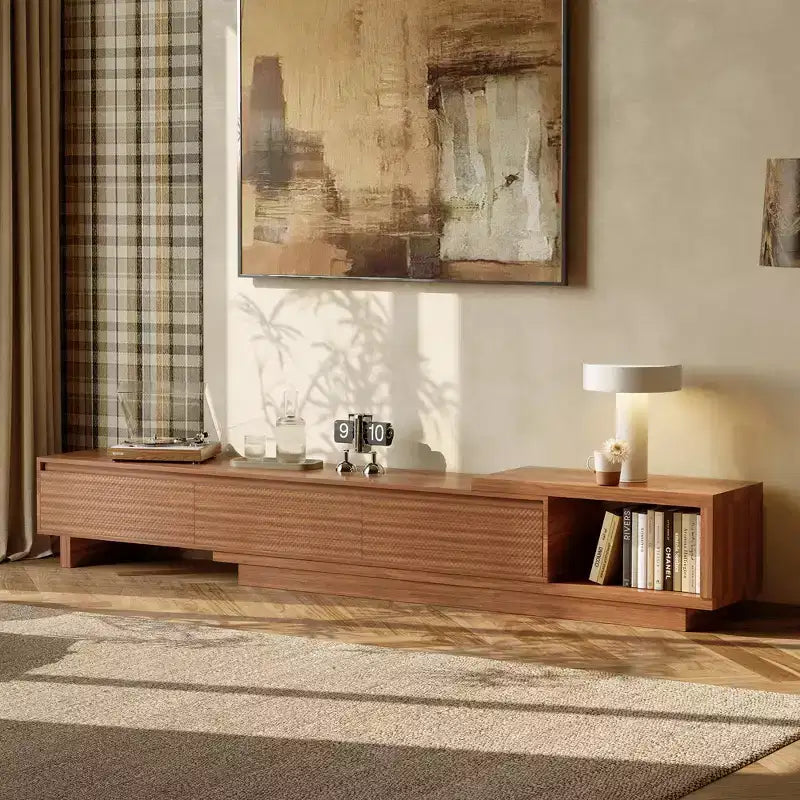 78.74102.3 Mobile TV estensibile con 3 cassetti, design del frontale testurizzato e console multimediale moderna per il soggiorno