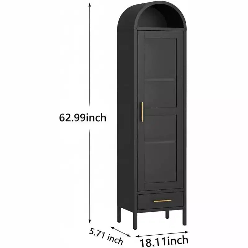 73" Vetrina alta e stretta ad arco, Armadio portaoggetti ad arco in metallo, Credenza moderna per soggiorno, cucina, ufficio