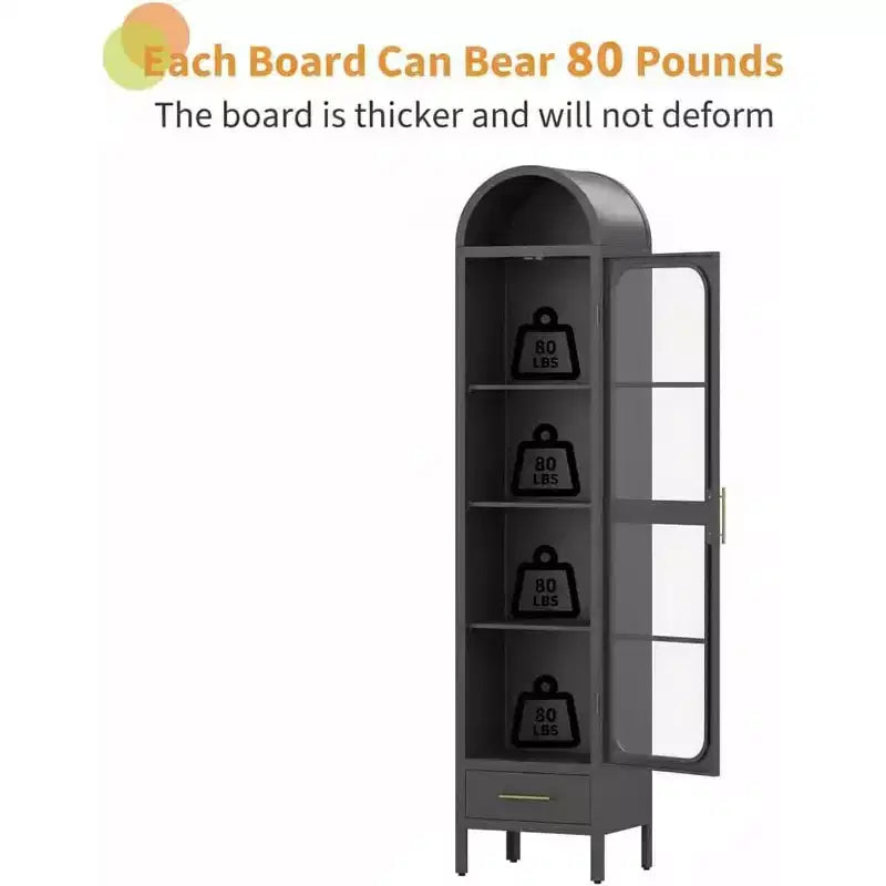 73" Vetrina alta e stretta ad arco, Armadio portaoggetti ad arco in metallo, Credenza moderna per soggiorno, cucina, ufficio