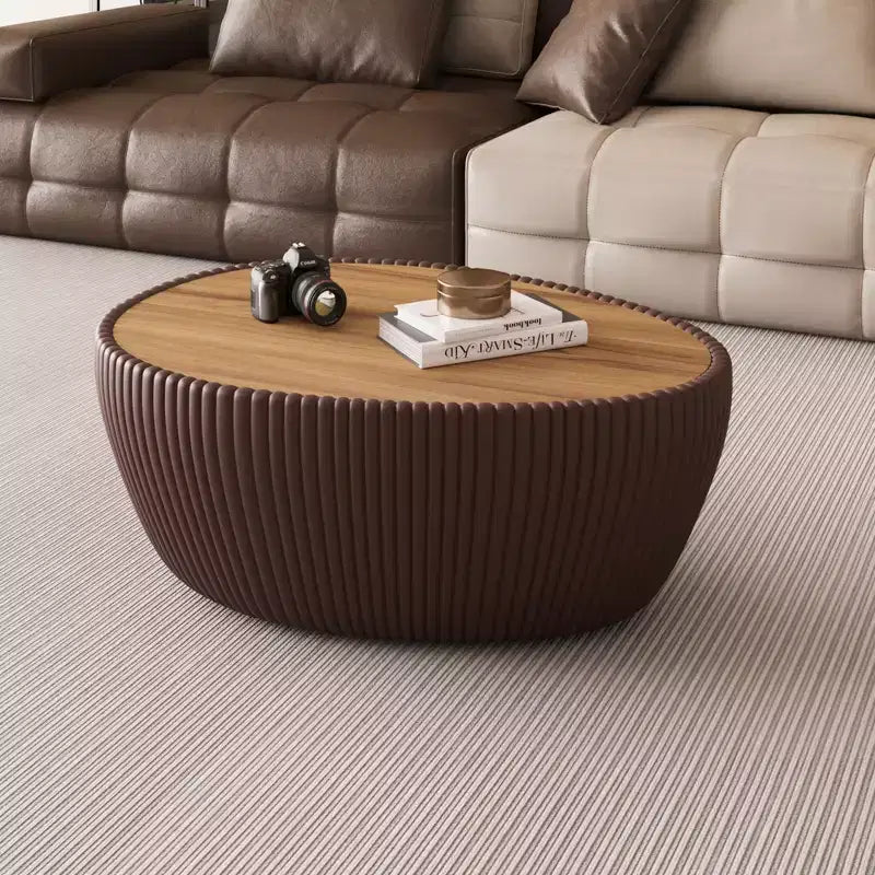Table basse en cuir en forme d'œuf d'oie avec plateau en pierre sintérisée et motif unique
