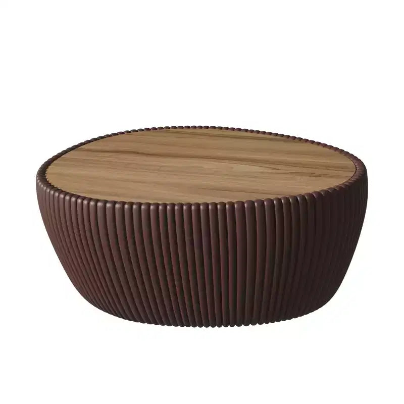Table basse en cuir en forme d'œuf d'oie avec plateau en pierre sintérisée et motif unique