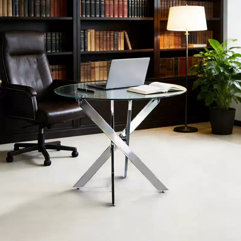 Dining Table with Cross Metal Leg and Tempered Glass Top, Modern Space-Saving Design for Kitchen or Living Room