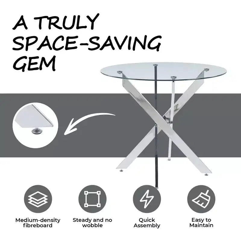 Dining Table with Cross Metal Leg and Tempered Glass Top, Modern Space-Saving Design for Kitchen or Living Room