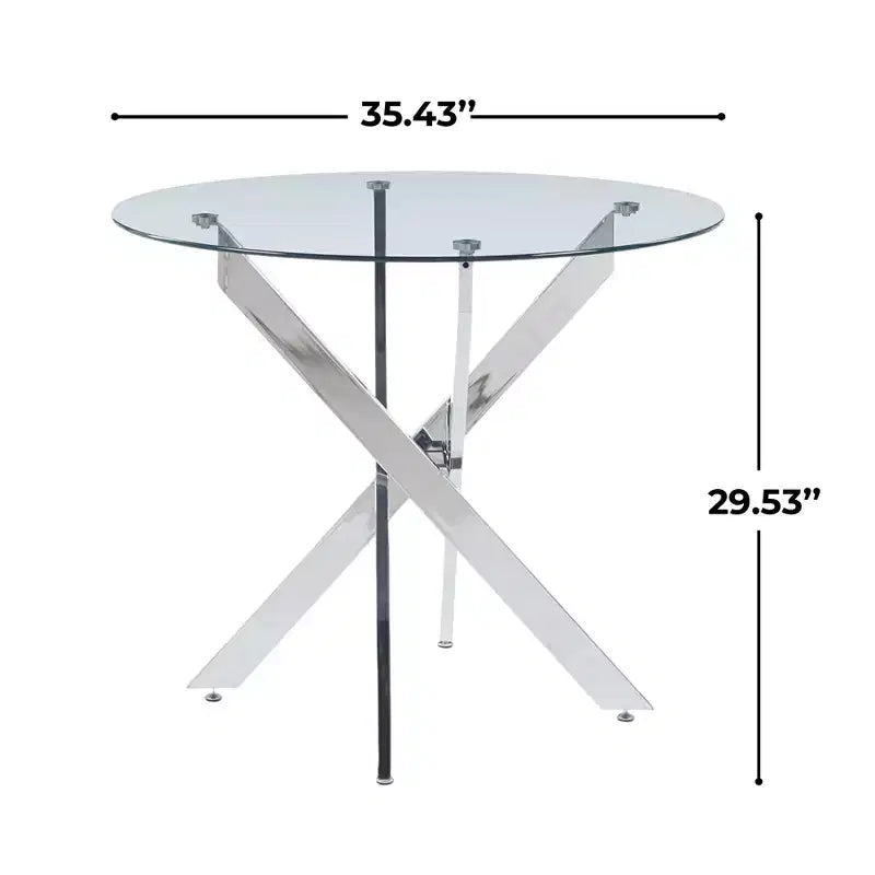 Dining Table with Cross Metal Leg and Tempered Glass Top, Modern Space-Saving Design for Kitchen or Living Room