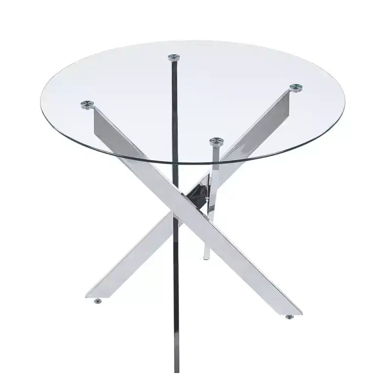 Dining Table with Cross Metal Leg and Tempered Glass Top, Modern Space-Saving Design for Kitchen or Living Room