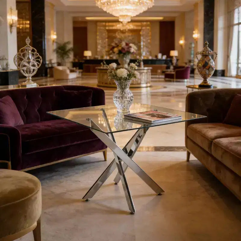 Dining Table with Cross Metal Leg and Tempered Glass Top, 90x90x75cm, Modern Space-Saving Design for Kitchen or Living Room