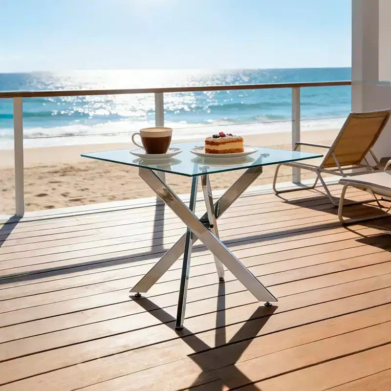 Dining Table with Cross Metal Leg and Tempered Glass Top, 90x90x75cm, Modern Space-Saving Design for Kitchen or Living Room