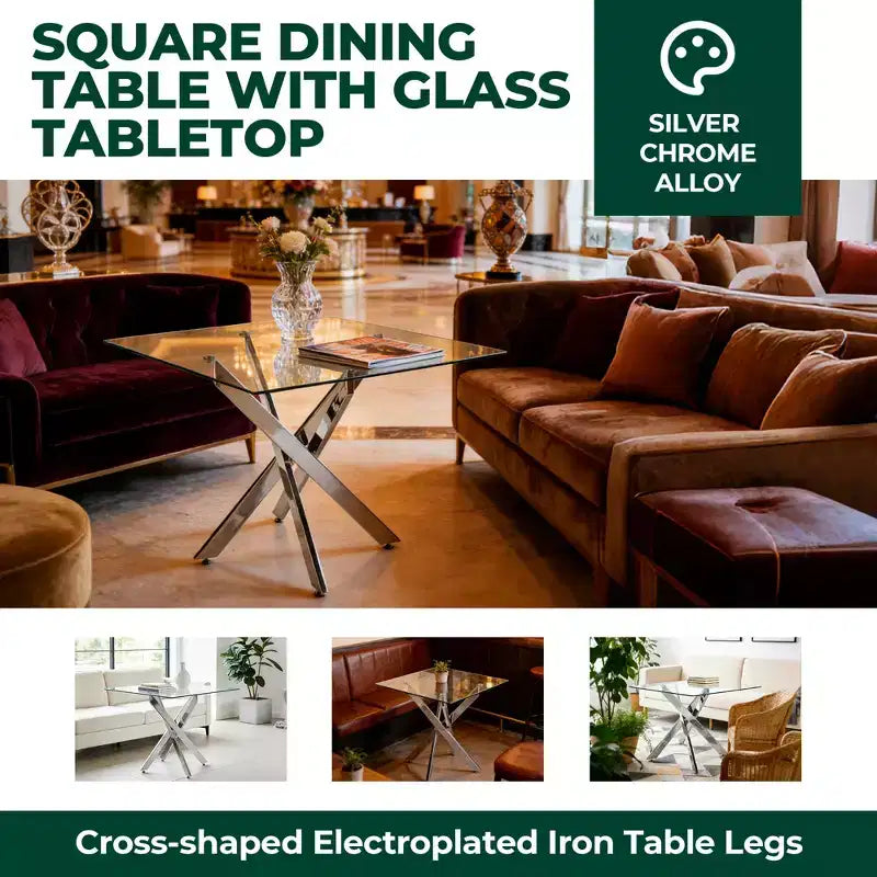 Dining Table with Cross Metal Leg and Tempered Glass Top, 90x90x75cm, Modern Space-Saving Design for Kitchen or Living Room