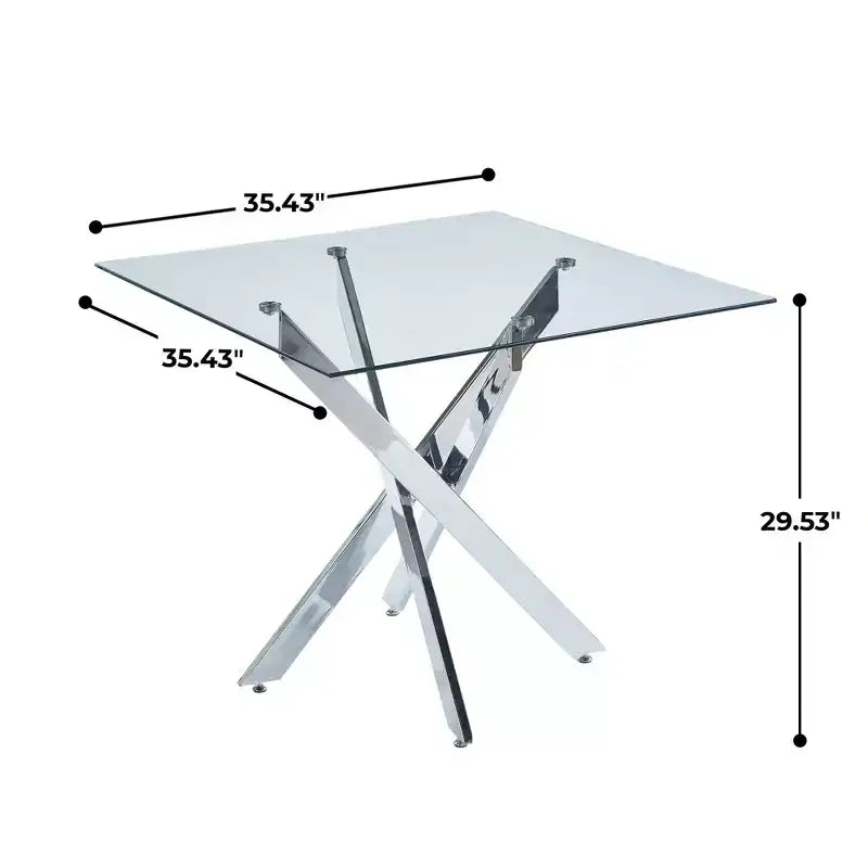 Dining Table with Cross Metal Leg and Tempered Glass Top, 90x90x75cm, Modern Space-Saving Design for Kitchen or Living Room