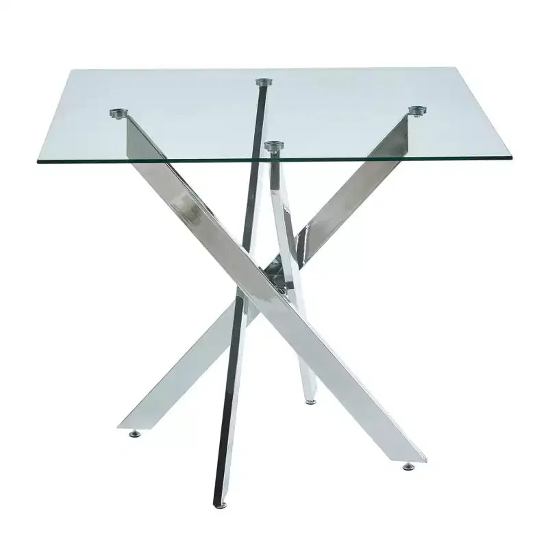 Dining Table with Cross Metal Leg and Tempered Glass Top, 90x90x75cm, Modern Space-Saving Design for Kitchen or Living Room