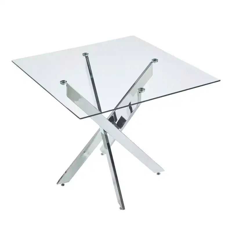 Dining Table with Cross Metal Leg and Tempered Glass Top, 90x90x75cm, Modern Space-Saving Design for Kitchen or Living Room