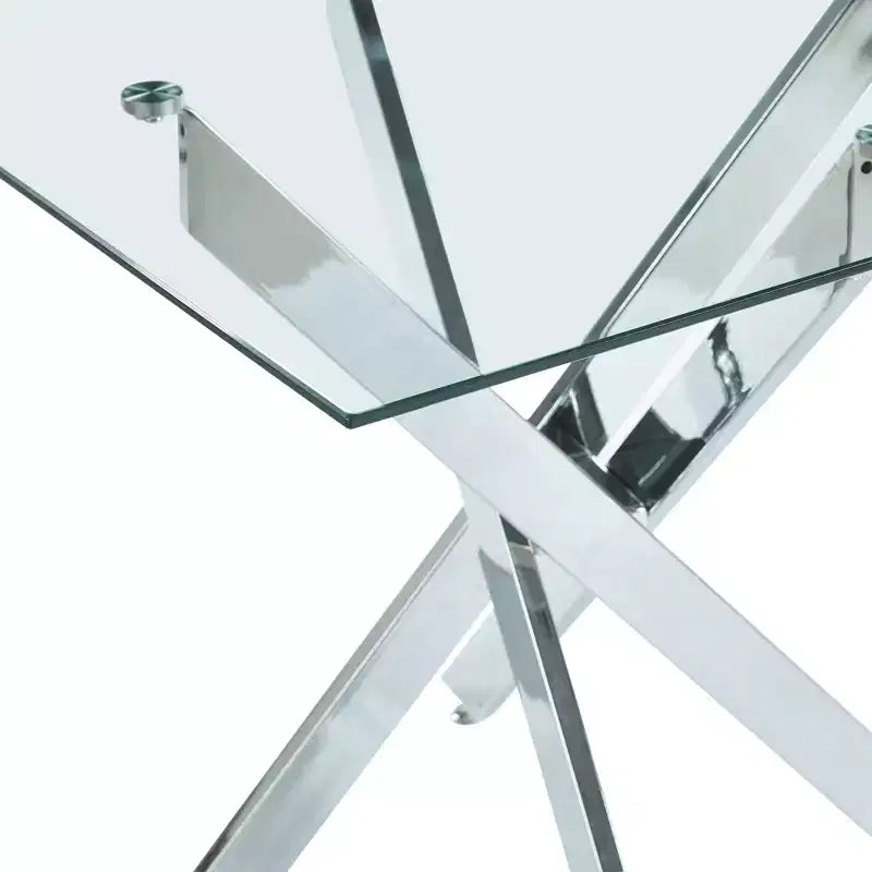 Dining Table with Cross Metal Leg and Tempered Glass Top, 90x90x75cm, Modern Space-Saving Design for Kitchen or Living Room