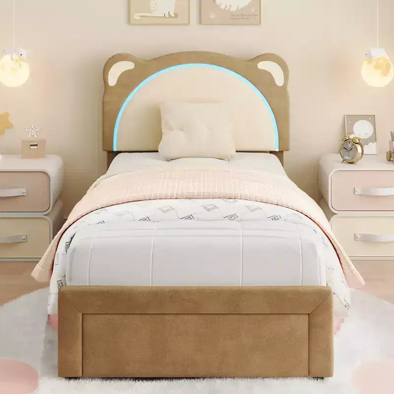Struttura letto per bambini carina - Design adorabile a orsetto regolabile, rivestimento in pelle scamosciata, cassetti portaoggetti, doghe in legno massello, design silenzioso, facile da montare.