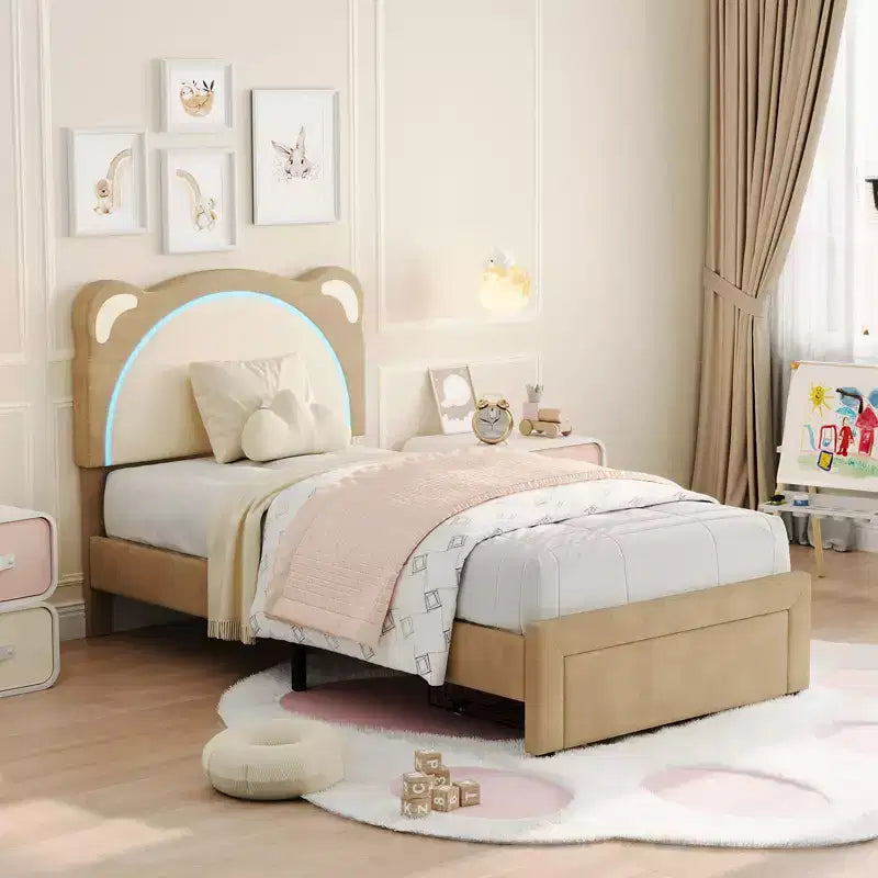 Struttura letto per bambini carina - Design adorabile a orsetto regolabile, rivestimento in pelle scamosciata, cassetti portaoggetti, doghe in legno massello, design silenzioso, facile da montare.