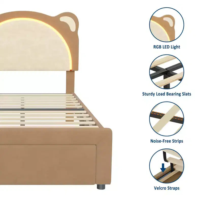 Struttura letto per bambini carina - Design adorabile a orsetto regolabile, rivestimento in pelle scamosciata, cassetti portaoggetti, doghe in legno massello, design silenzioso, facile da montare.