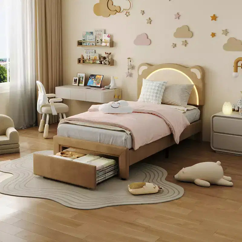 Struttura letto per bambini carina - Design adorabile a orsetto regolabile, rivestimento in pelle scamosciata, cassetti portaoggetti, doghe in legno massello, design silenzioso, facile da montare.