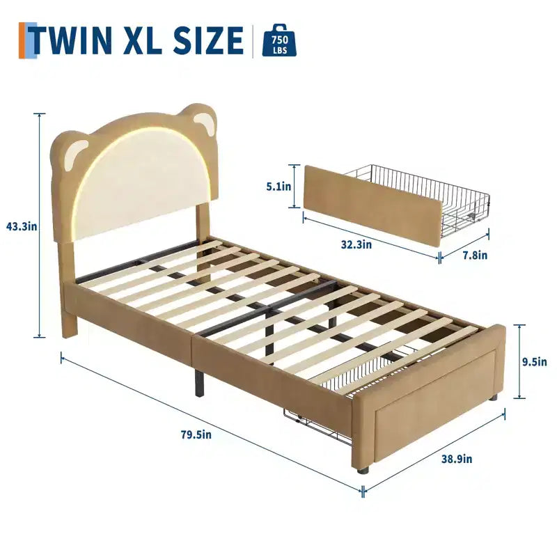 Struttura letto per bambini carina - Design adorabile a orsetto regolabile, rivestimento in pelle scamosciata, cassetti portaoggetti, doghe in legno massello, design silenzioso, facile da montare.