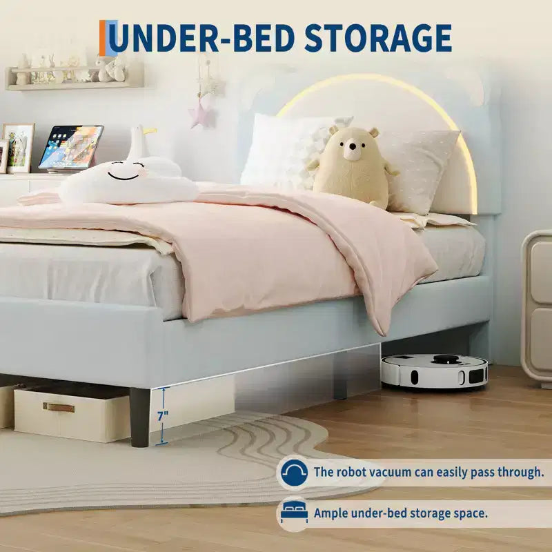 Struttura letto per bambini carina - Design adorabile a orsetto regolabile, rivestimento in pelle scamosciata, cassetti portaoggetti, doghe in legno massello, design silenzioso, facile da montare.