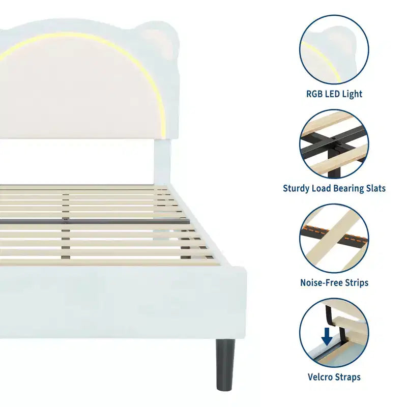 Struttura letto per bambini carina - Design adorabile a orsetto regolabile, rivestimento in pelle scamosciata, cassetti portaoggetti, doghe in legno massello, design silenzioso, facile da montare.