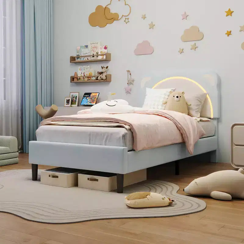 Struttura letto per bambini carina - Design adorabile a orsetto regolabile, rivestimento in pelle scamosciata, cassetti portaoggetti, doghe in legno massello, design silenzioso, facile da montare.