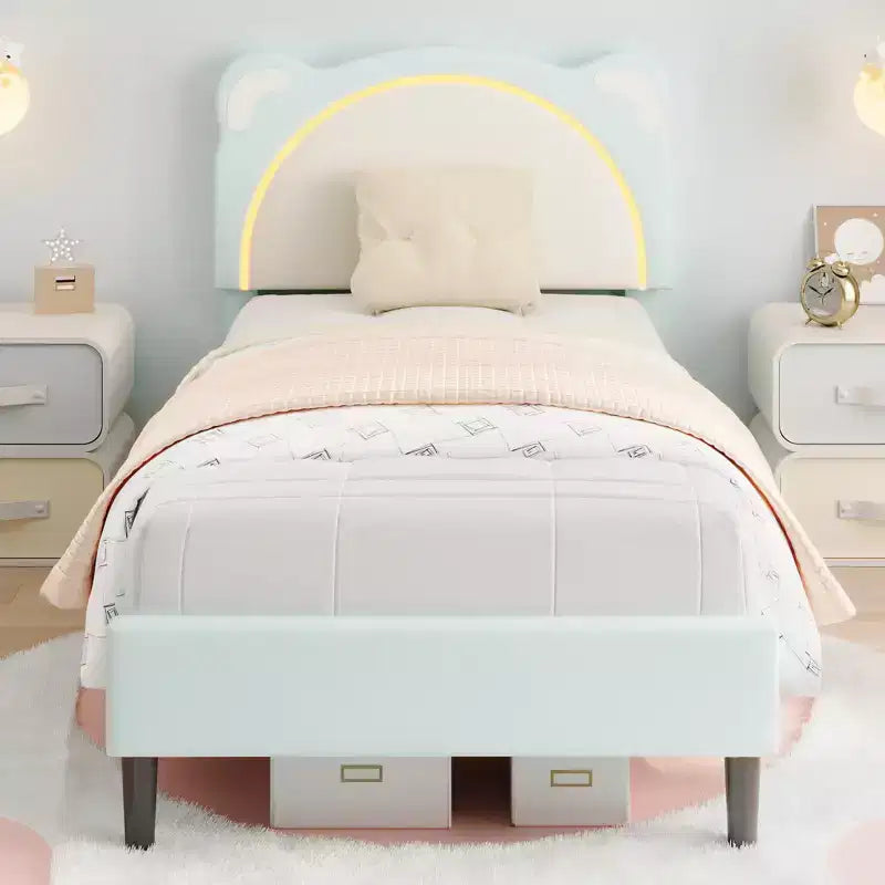 Struttura letto per bambini carina - Design adorabile a orsetto regolabile, rivestimento in pelle scamosciata, cassetti portaoggetti, doghe in legno massello, design silenzioso, facile da montare.