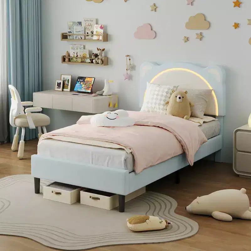 Struttura letto per bambini carina - Design adorabile a orsetto regolabile, rivestimento in pelle scamosciata, cassetti portaoggetti, doghe in legno massello, design silenzioso, facile da montare.