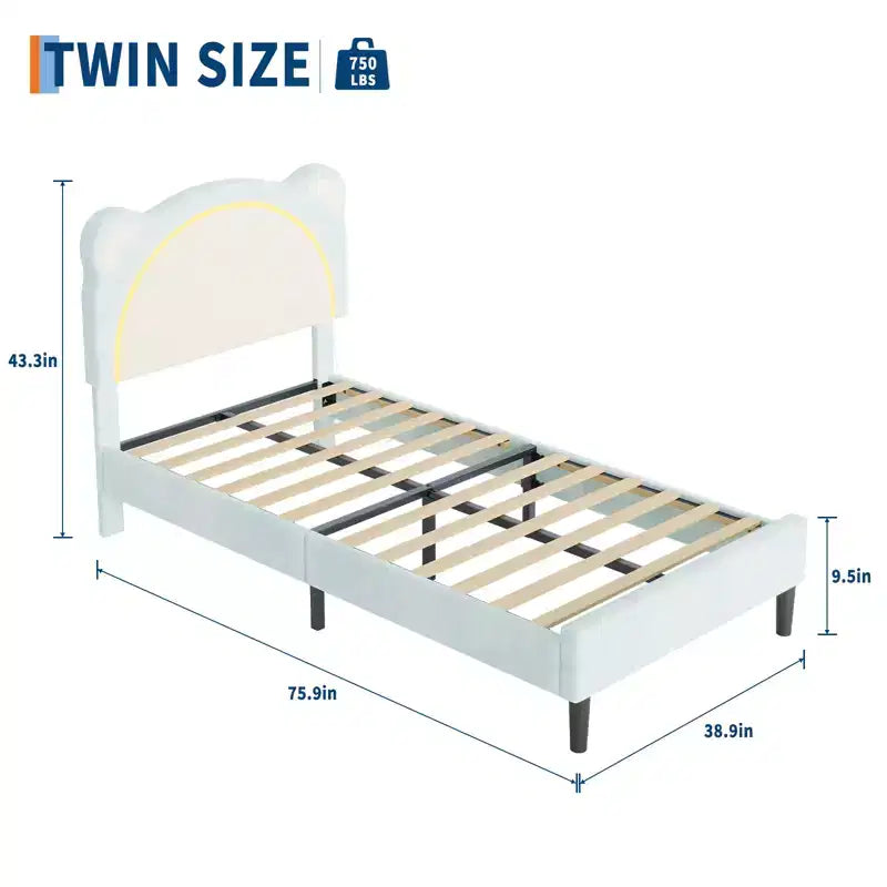 Struttura letto per bambini carina - Design adorabile a orsetto regolabile, rivestimento in pelle scamosciata, cassetti portaoggetti, doghe in legno massello, design silenzioso, facile da montare.