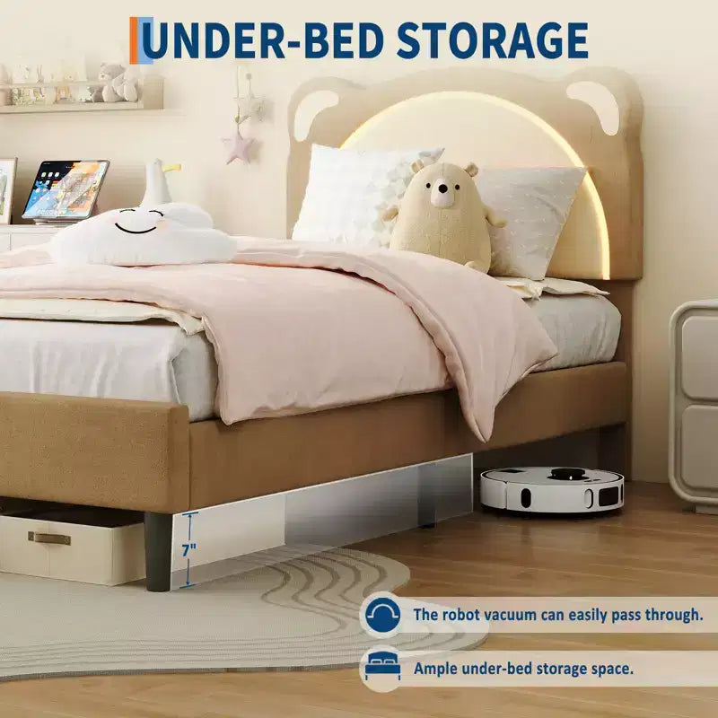 Struttura letto per bambini carina - Design adorabile a orsetto regolabile, rivestimento in pelle scamosciata, cassetti portaoggetti, doghe in legno massello, design silenzioso, facile da montare.