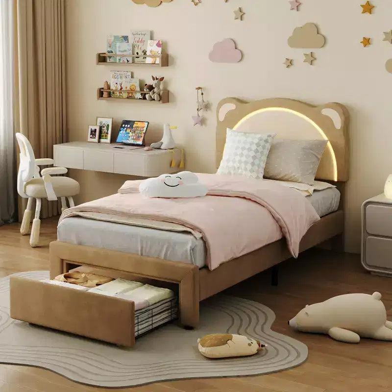 Struttura letto per bambini carina - Design adorabile a orsetto regolabile, rivestimento in pelle scamosciata, cassetti portaoggetti, doghe in legno massello, design silenzioso, facile da montare.