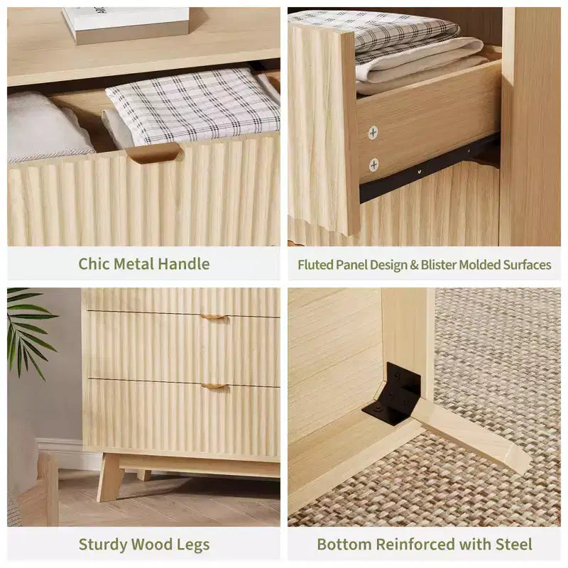 Comò a 3 cassetti, comò moderno di metà secolo alto 81 cm, comodino scanalato Waveform, organizer in legno per cassetti per camera da letto e soggiorno