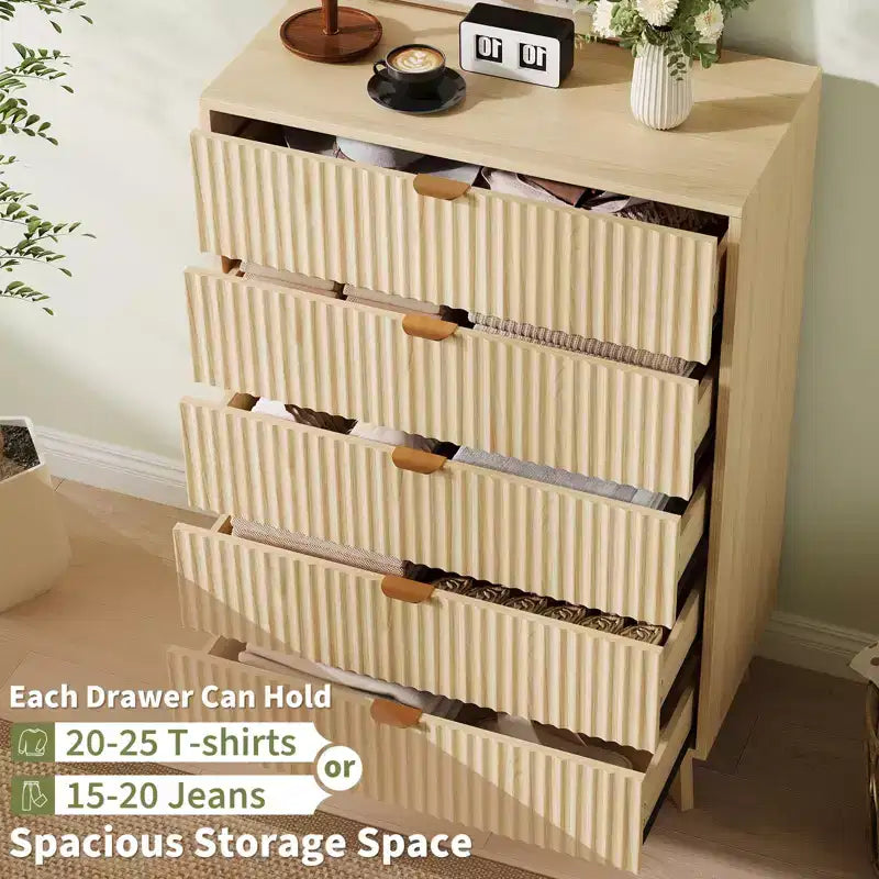 Comò a 3 cassetti, comò moderno di metà secolo alto 81 cm, comodino scanalato Waveform, organizer in legno per cassetti per camera da letto e soggiorno