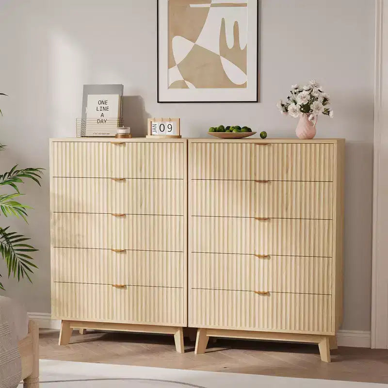 Comò a 3 cassetti, comò moderno di metà secolo alto 81 cm, comodino scanalato Waveform, organizer in legno per cassetti per camera da letto e soggiorno