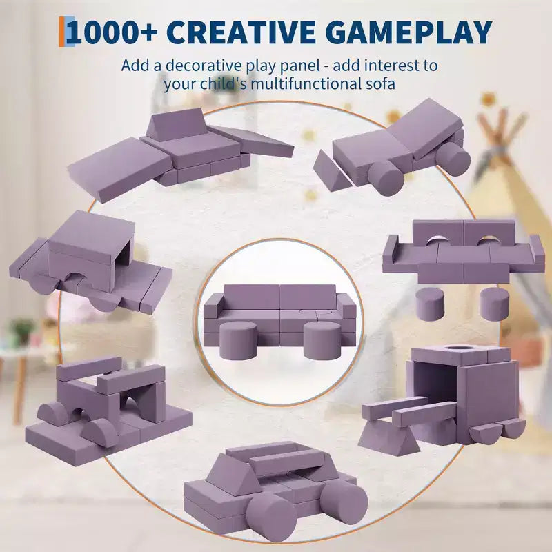 Modular Kids Play Couch, 22Pcs/13Pcs Kids Explorer Couch, Convertible Foam Play Couch for Bedroom and Playroom Furniture, 2 Seat Gray Couch for Kids