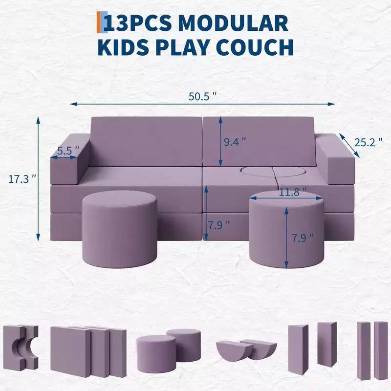 Modular Kids Play Couch, 22Pcs/13Pcs Kids Explorer Couch, Convertible Foam Play Couch for Bedroom and Playroom Furniture, 2 Seat Gray Couch for Kids