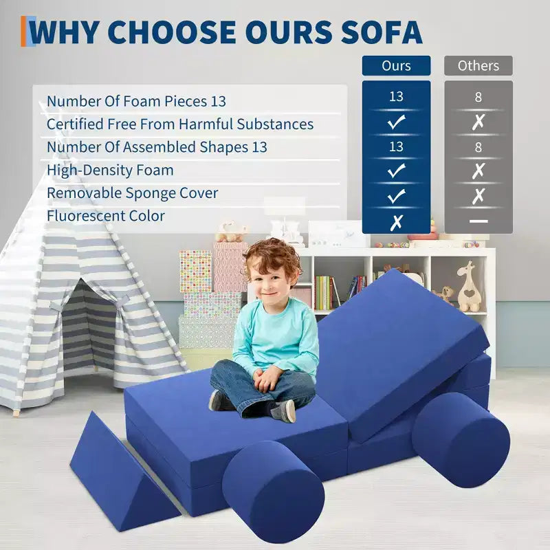 Modular Kids Play Couch, 22Pcs/13Pcs Kids Explorer Couch, Convertible Foam Play Couch for Bedroom and Playroom Furniture, 2 Seat Gray Couch for Kids