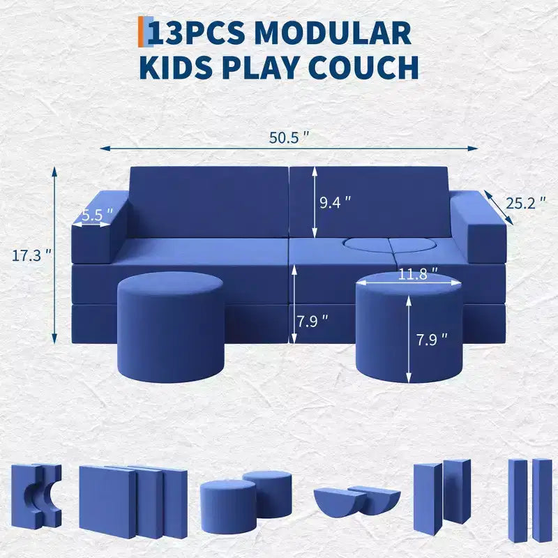 Modular Kids Play Couch, 22Pcs/13Pcs Kids Explorer Couch, Convertible Foam Play Couch for Bedroom and Playroom Furniture, 2 Seat Gray Couch for Kids
