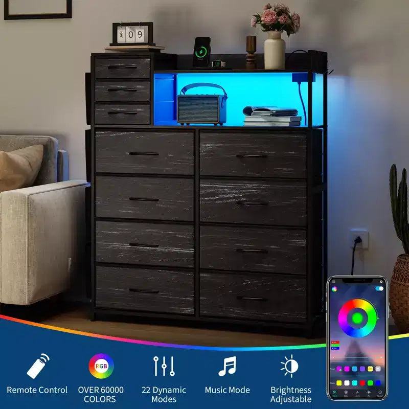 Cassettiera per camera da letto, cassettiera portaoggetti in tessuto a 11 cassetti con stazione di ricarica e luci