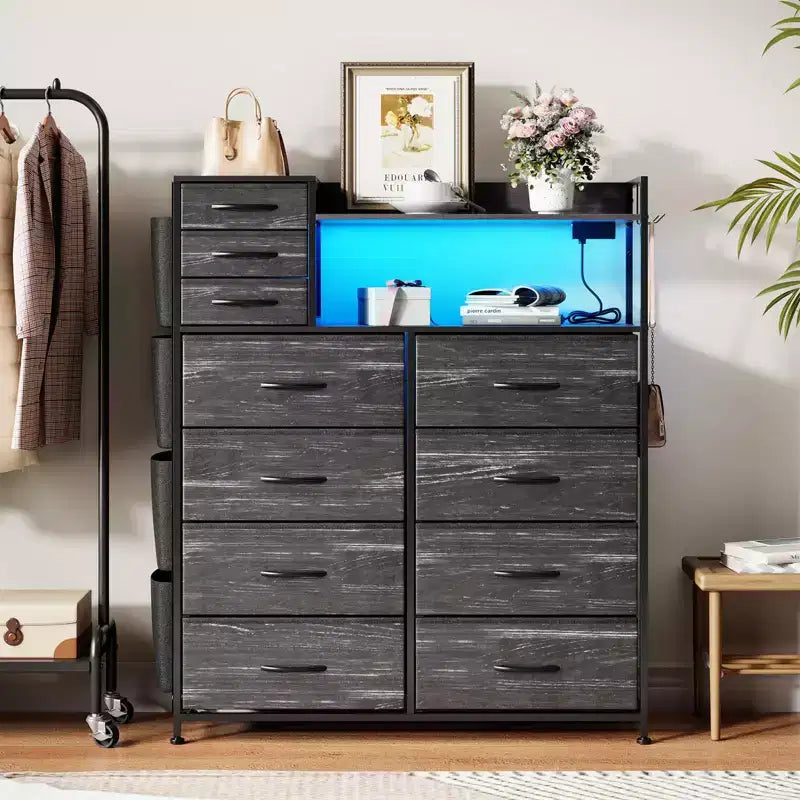 Cassettiera per camera da letto, cassettiera portaoggetti in tessuto a 11 cassetti con stazione di ricarica e luci