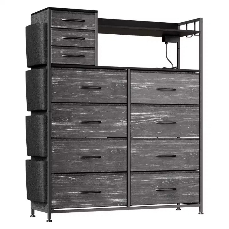 Cassettiera per camera da letto, cassettiera portaoggetti in tessuto a 11 cassetti con stazione di ricarica e luci