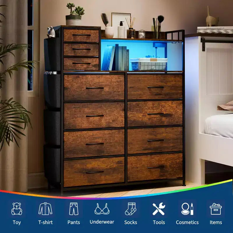 Cassettiera per camera da letto, cassettiera portaoggetti in tessuto a 11 cassetti con stazione di ricarica e luci
