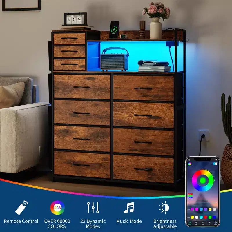 Cassettiera per camera da letto, cassettiera portaoggetti in tessuto a 11 cassetti con stazione di ricarica e luci