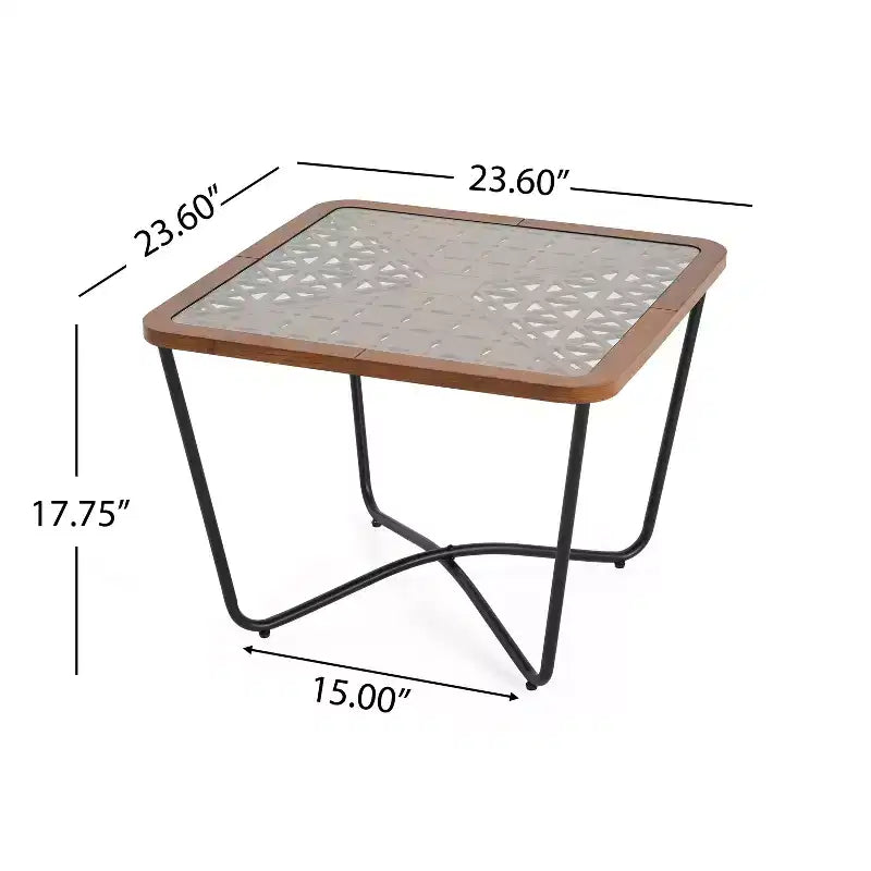 Tavolino da caffè quadrato moderno da 23 pollici Piano in vetro temperato con motivo geometrico intagliato Adatto per soggiorni Nero-marrone