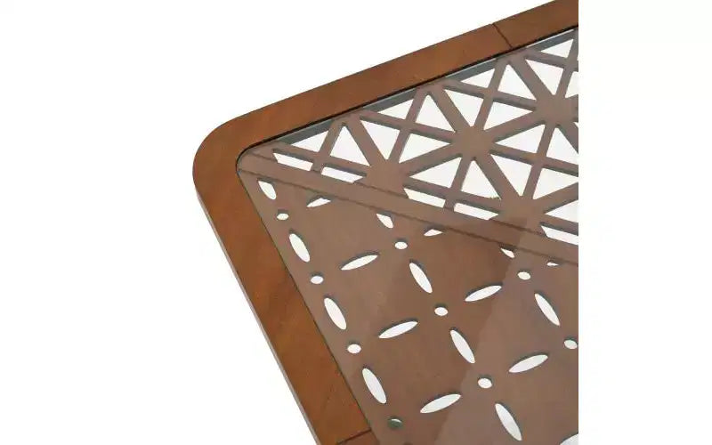 Tavolino da caffè quadrato moderno da 23 pollici Piano in vetro temperato con motivo geometrico intagliato Adatto per soggiorni Nero-marrone